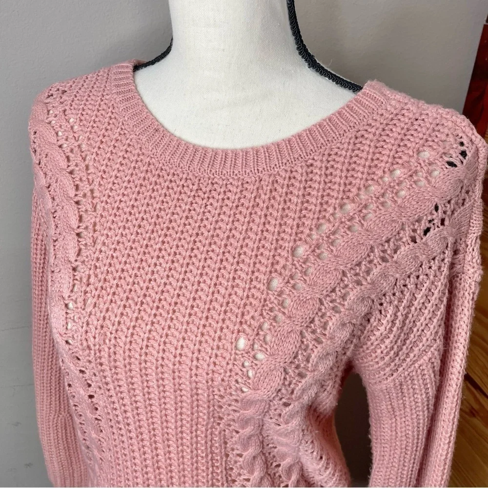 No Boundaries Juniors Caged Back Open Knit Sweater in Dusty Rose Pink Small